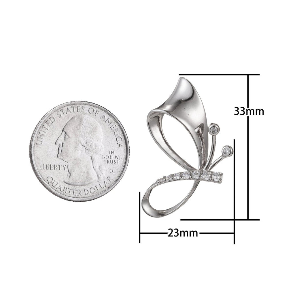 White Gold plated Micro Pave CZ Butterfly Pendant Charm, Butterfly Pendant Charm, White Gold plated Butterfly Pendant, For DIY Jewelry I-505 - DLUXCA