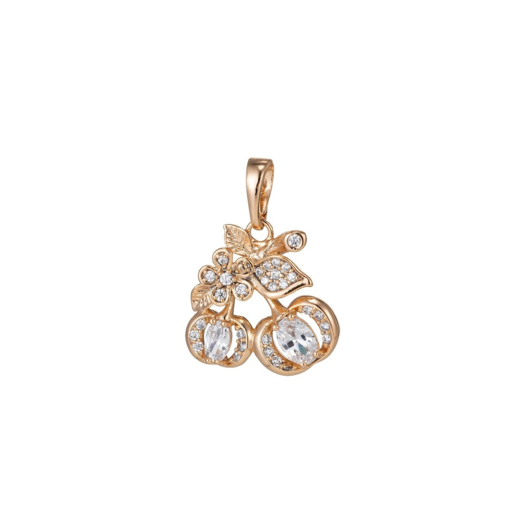 White Gold plated Micro Pave CZ Cherry Pendant Charm, Micro Pave CZ Cherry Pendant Charm, Gold plated Fruit Pendant, For DIY Jewelry I-395 I-457
