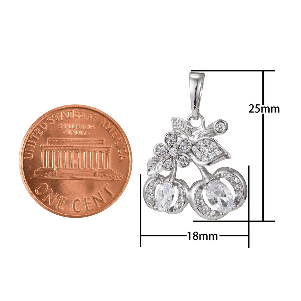 White Gold plated Micro Pave CZ Cherry Pendant Charm, Micro Pave CZ Cherry Pendant Charm, Gold plated Fruit Pendant, For DIY Jewelry I-395 I-457