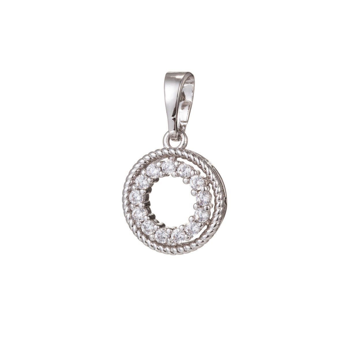White Gold plated Micro Pave CZ Circle Pendant Charm, Micro Pave CZ Pendant Charm, White Gold plated Geometric Pendant, For DIY Jewelry I-506 - DLUXCA