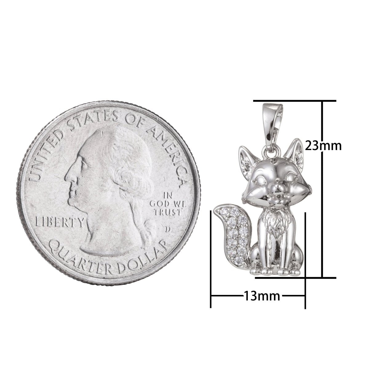 White Gold plated Micro Pave CZ Cute Fox Pendant Charm, Fox Pendant Charm, White Gold Fox Pendant, For DIY Jewelry I-488 - DLUXCA