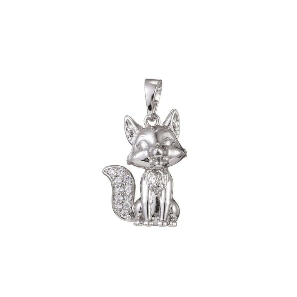 White Gold plated Micro Pave CZ Cute Fox Pendant Charm, Fox Pendant Charm, White Gold Fox Pendant, For DIY Jewelry I-488 - DLUXCA