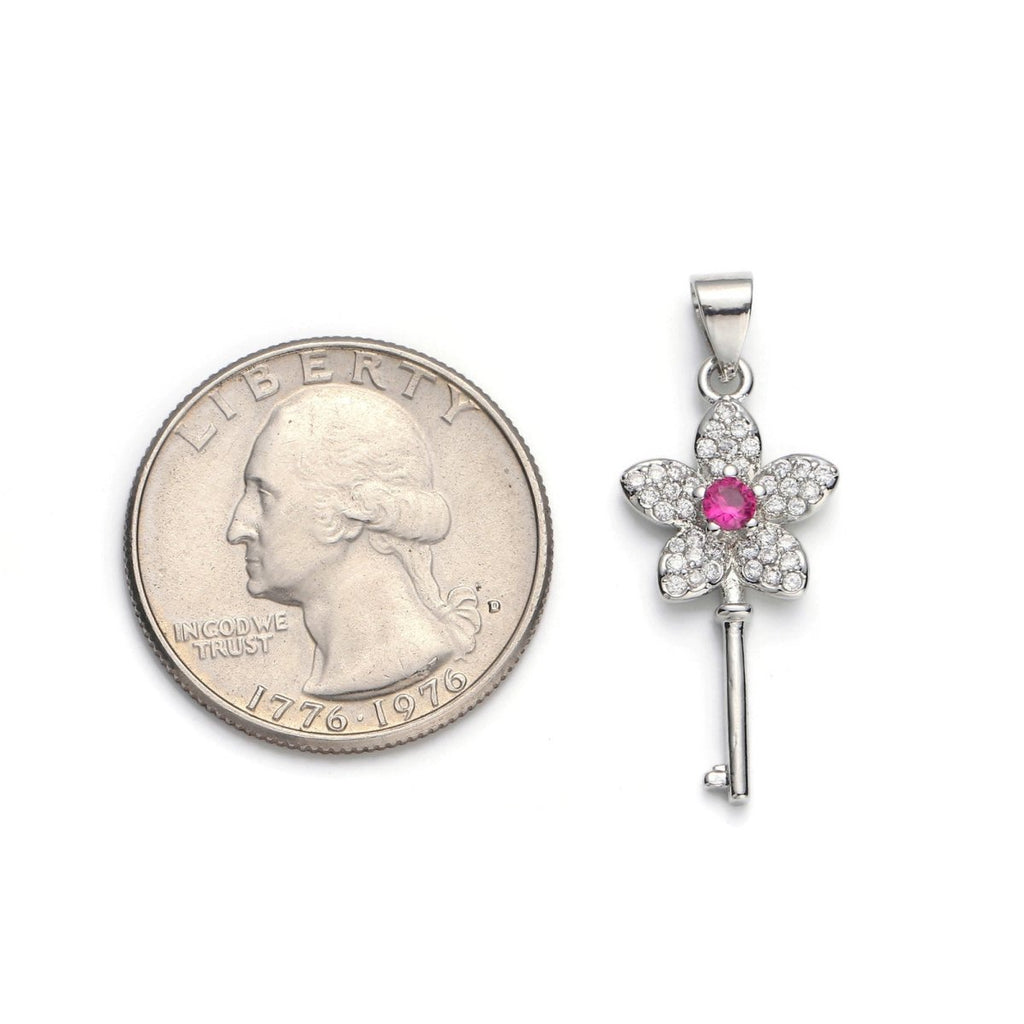 White Gold plated Micro Pave CZ Flower Key Pendant Charm, Micro Pave CZ Key Pendant Charm, White Gold Key Pendant, For DIY Jewelry I-607 - DLUXCA