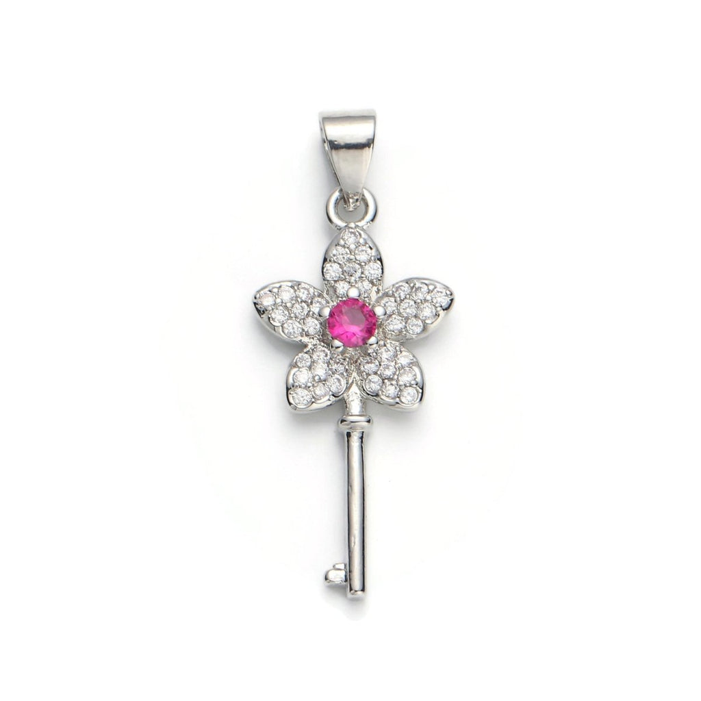White Gold plated Micro Pave CZ Flower Key Pendant Charm, Micro Pave CZ Key Pendant Charm, White Gold Key Pendant, For DIY Jewelry I-607 - DLUXCA