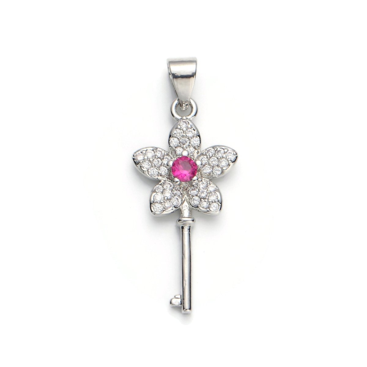 White Gold plated Micro Pave CZ Flower Key Pendant Charm, Micro Pave CZ Key Pendant Charm, White Gold Key Pendant, For DIY Jewelry I-607 - DLUXCA