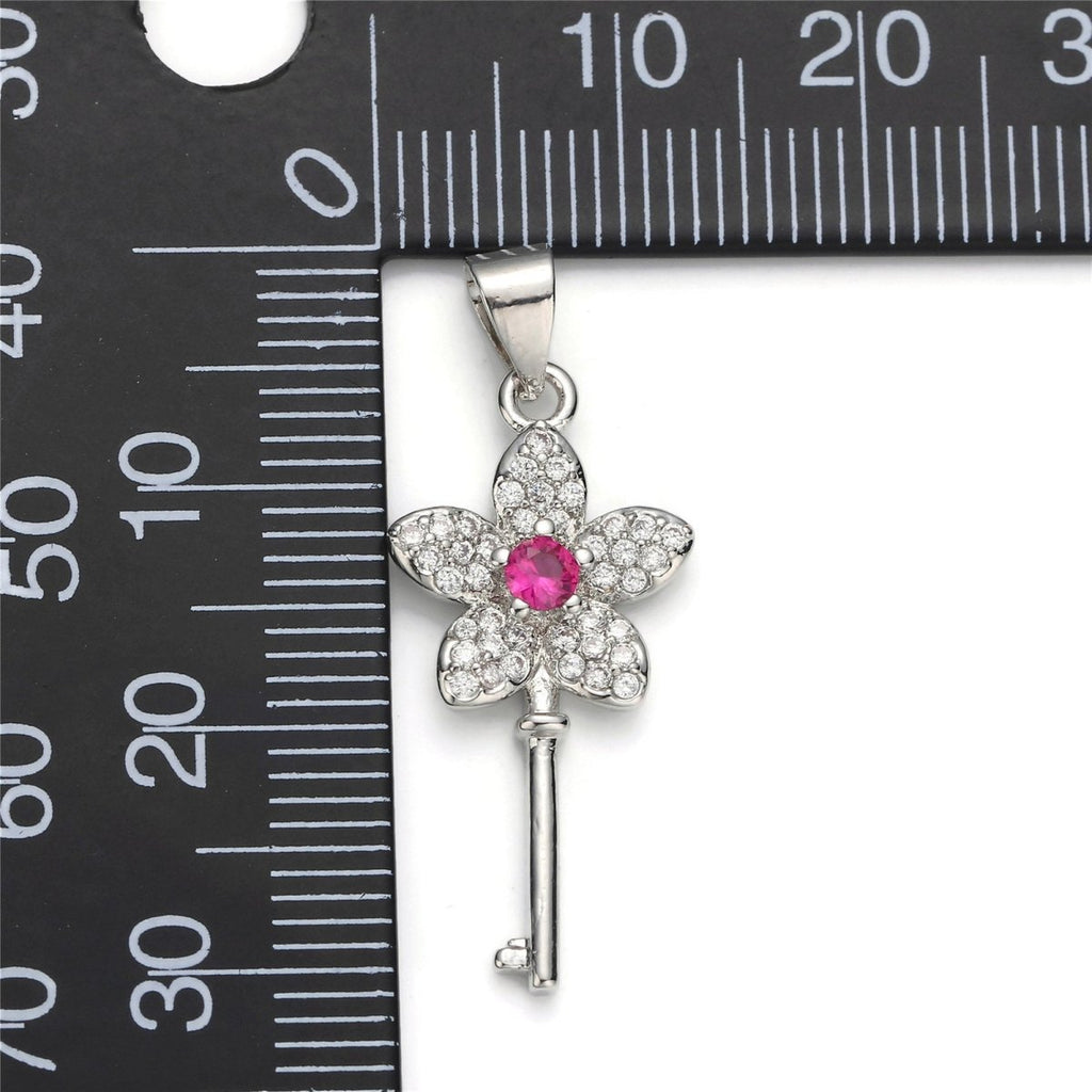 White Gold plated Micro Pave CZ Flower Key Pendant Charm, Micro Pave CZ Key Pendant Charm, White Gold Key Pendant, For DIY Jewelry I-607 - DLUXCA