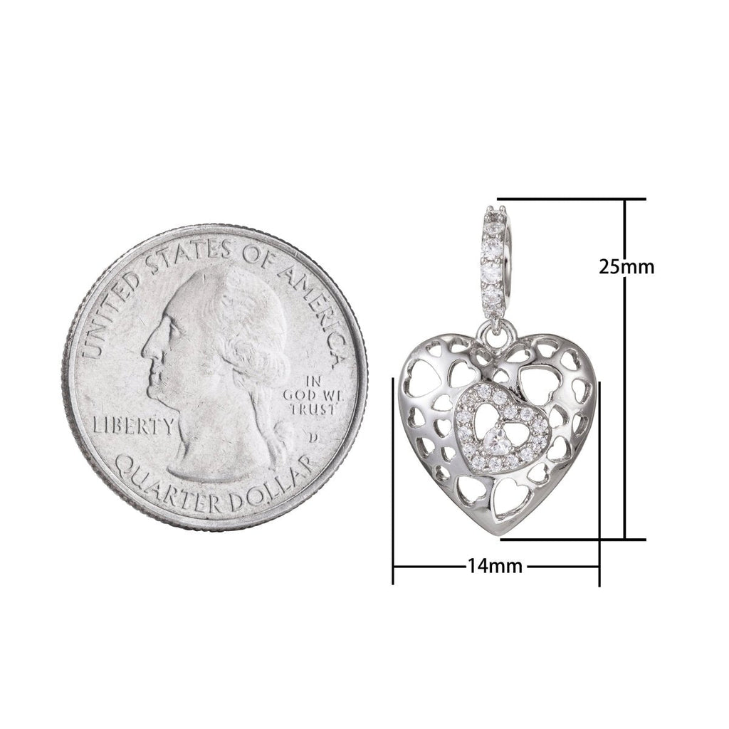 White Gold plated Micro Pave CZ Heart Pendant Charm, Link Heart Micro Pave CZ Pendant Charm, White Gold plated Pendant, For DIY Jewelry I-468 - DLUXCA