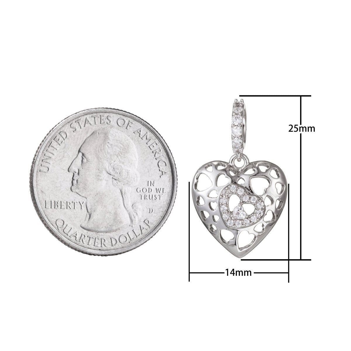 White Gold plated Micro Pave CZ Heart Pendant Charm, Link Heart Micro Pave CZ Pendant Charm, White Gold plated Pendant, For DIY Jewelry I-468 - DLUXCA