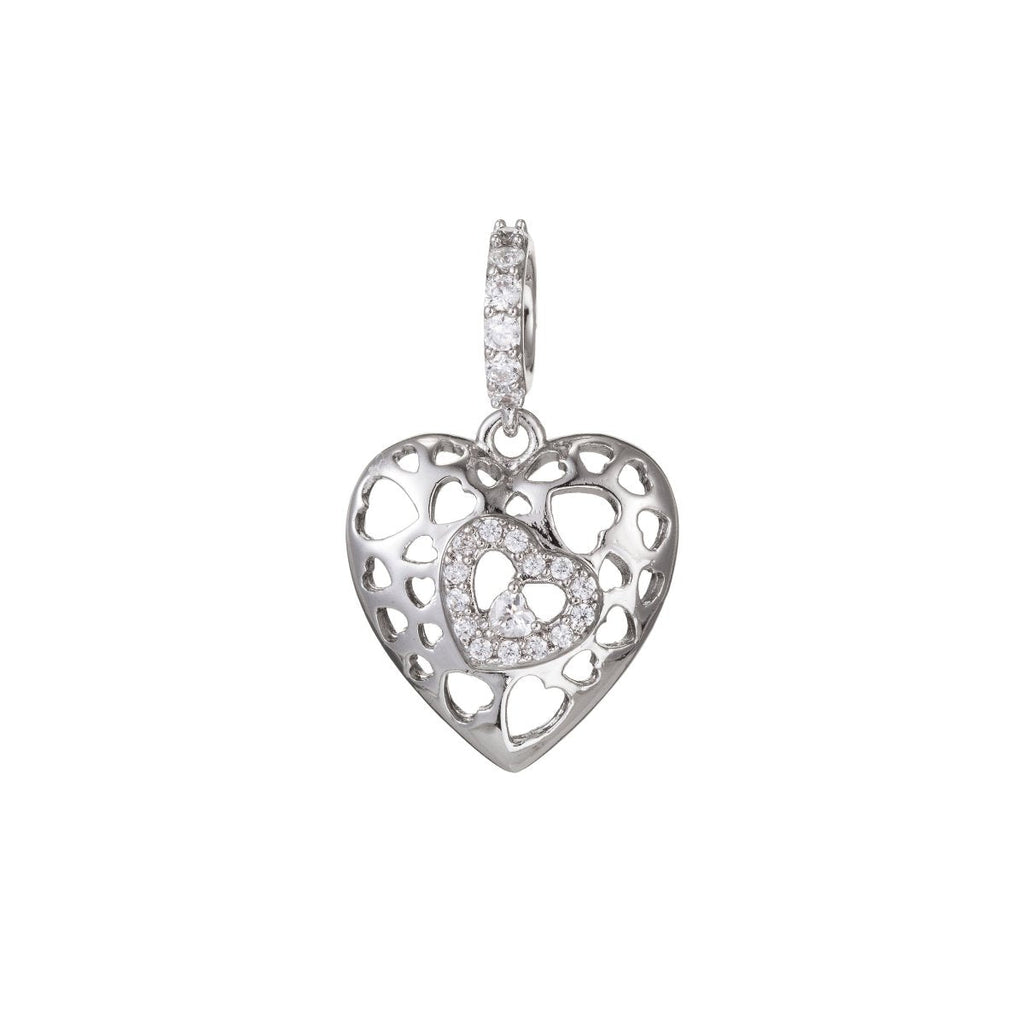 White Gold plated Micro Pave CZ Heart Pendant Charm, Link Heart Micro Pave CZ Pendant Charm, White Gold plated Pendant, For DIY Jewelry I-468 - DLUXCA