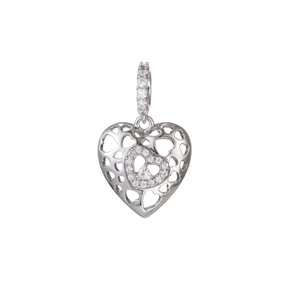 White Gold plated Micro Pave CZ Heart Pendant Charm, Link Heart Micro Pave CZ Pendant Charm, White Gold plated Pendant, For DIY Jewelry I-468 - DLUXCA