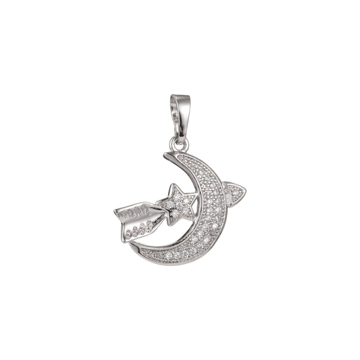 White Gold plated Micro Pave CZ Moon Star Pendant Charm, Moon Star Pendant Charm, White Gold Moon Star Pendant, For DIY Jewelry I-503 - DLUXCA
