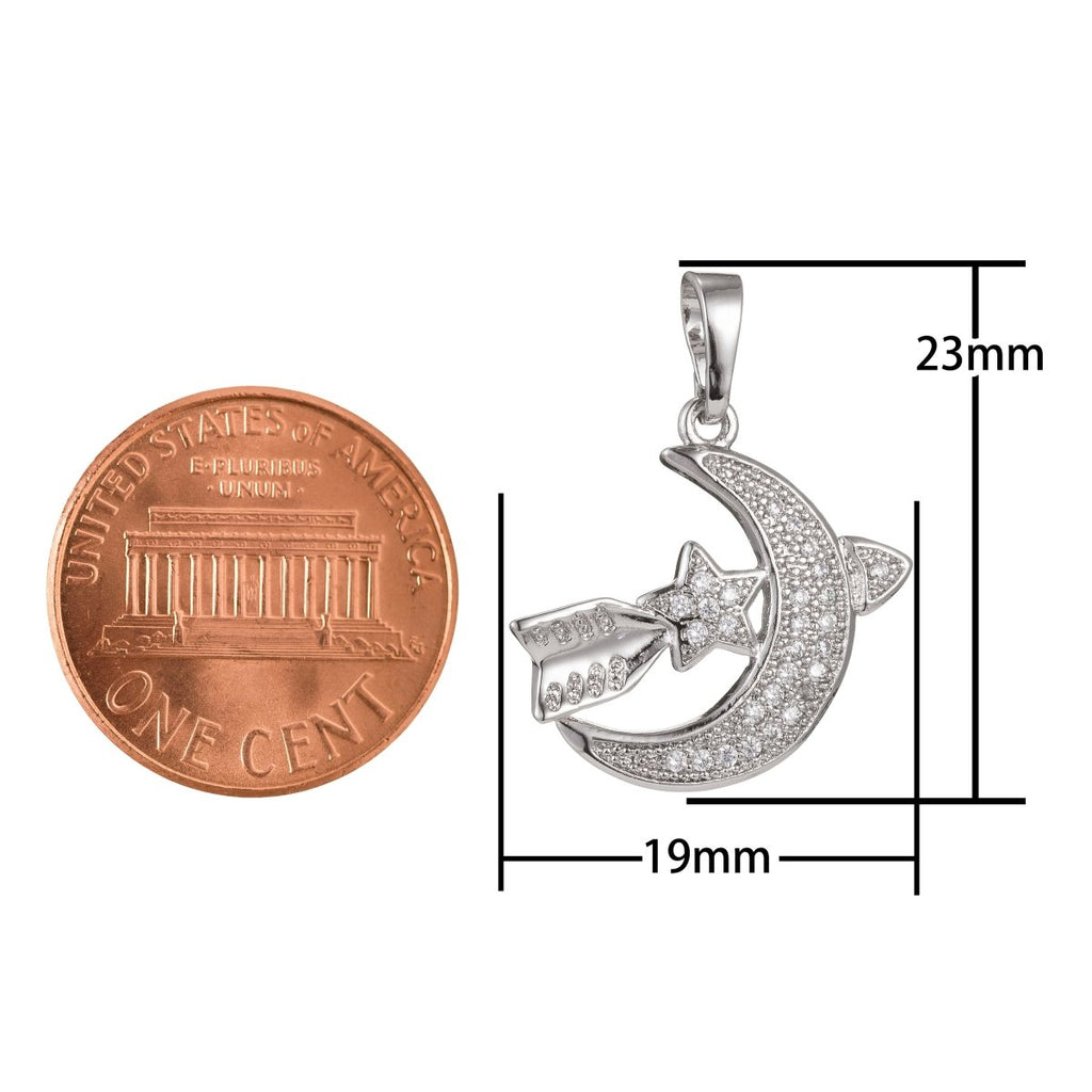 White Gold plated Micro Pave CZ Moon Star Pendant Charm, Moon Star Pendant Charm, White Gold Moon Star Pendant, For DIY Jewelry I-503 - DLUXCA