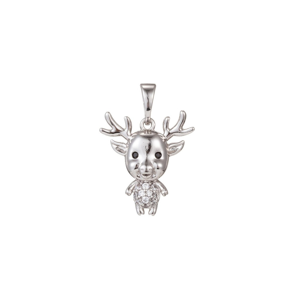 White Gold plated Micro Pave CZ ReinDeer Pendant Charm, Deer Pendant Charm, White Gold Animal Pendant, For DIY Jewelry I-515 - DLUXCA
