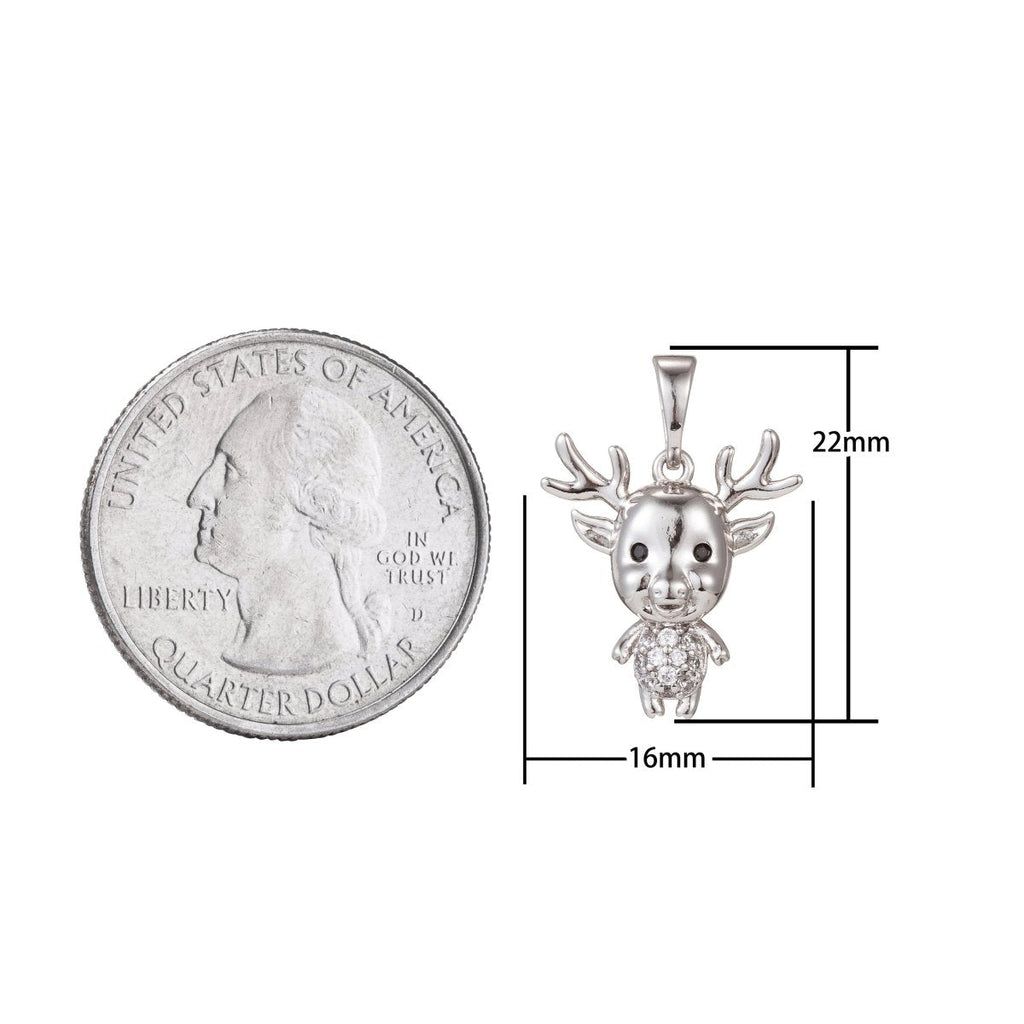 White Gold plated Micro Pave CZ ReinDeer Pendant Charm, Deer Pendant Charm, White Gold Animal Pendant, For DIY Jewelry I-515 - DLUXCA