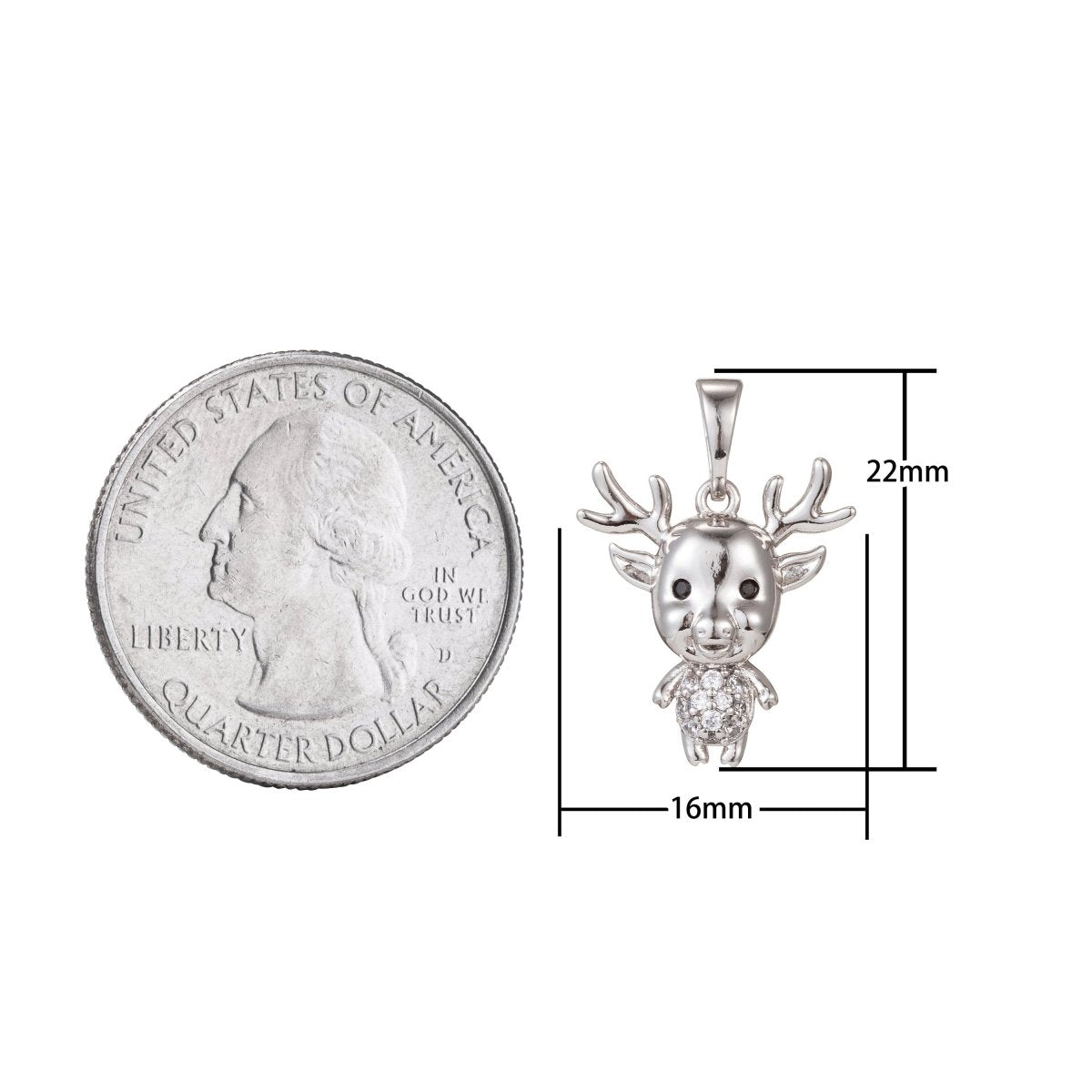 White Gold plated Micro Pave CZ ReinDeer Pendant Charm, Deer Pendant Charm, White Gold Animal Pendant, For DIY Jewelry I-515 - DLUXCA