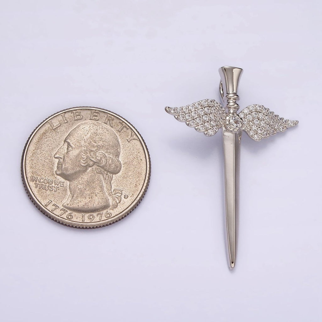 White Gold plated Micro Paved CZ Angel Wings Sword Weapon Back Loop Pendant | N1872 - DLUXCA