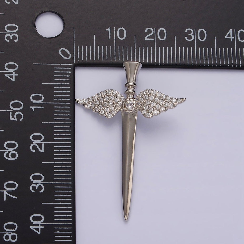 White Gold plated Micro Paved CZ Angel Wings Sword Weapon Back Loop Pendant | N1872 - DLUXCA