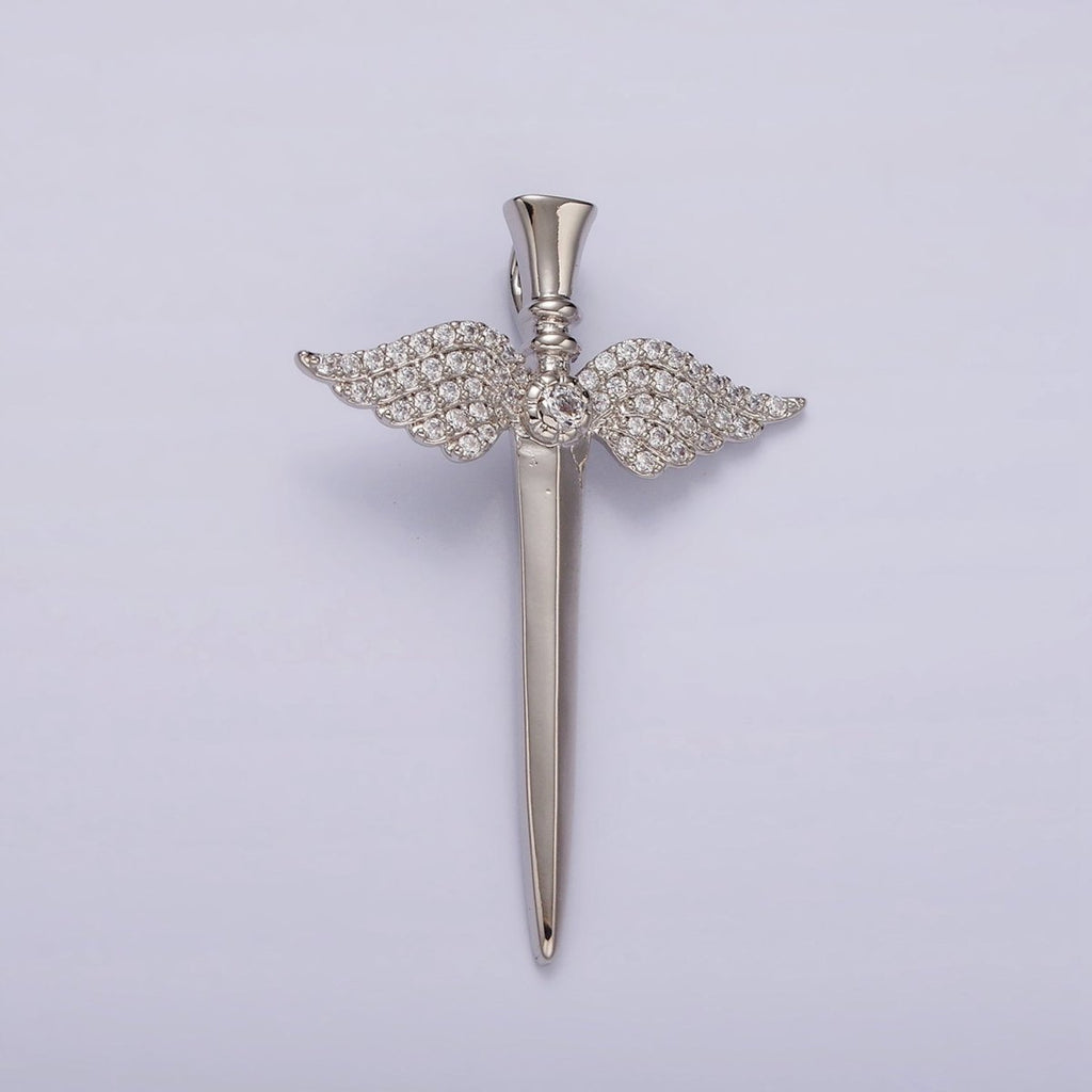White Gold plated Micro Paved CZ Angel Wings Sword Weapon Back Loop Pendant | N1872 - DLUXCA