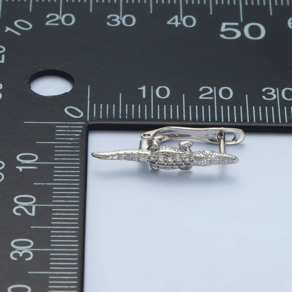 White Gold plated Micro Paved CZ Crocodile Alligator English Lock Earrings | AD669 - DLUXCA