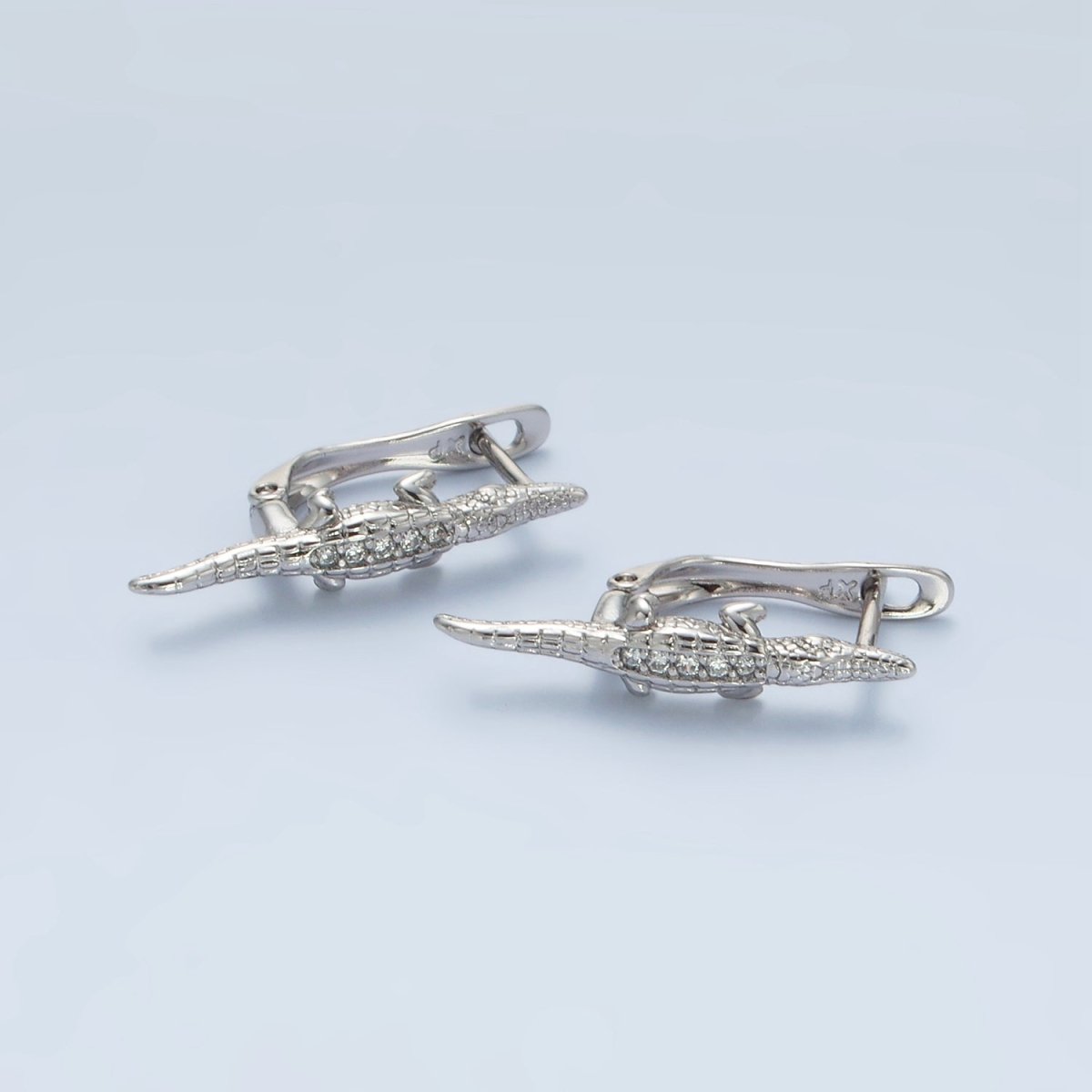 White Gold plated Micro Paved CZ Crocodile Alligator English Lock Earrings | AD669 - DLUXCA