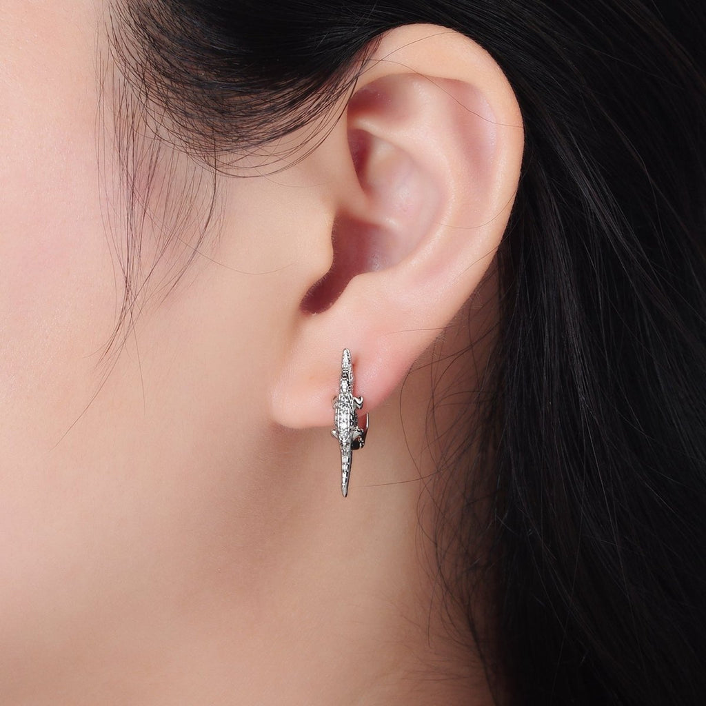 White Gold plated Micro Paved CZ Crocodile Alligator English Lock Earrings | AD669 - DLUXCA