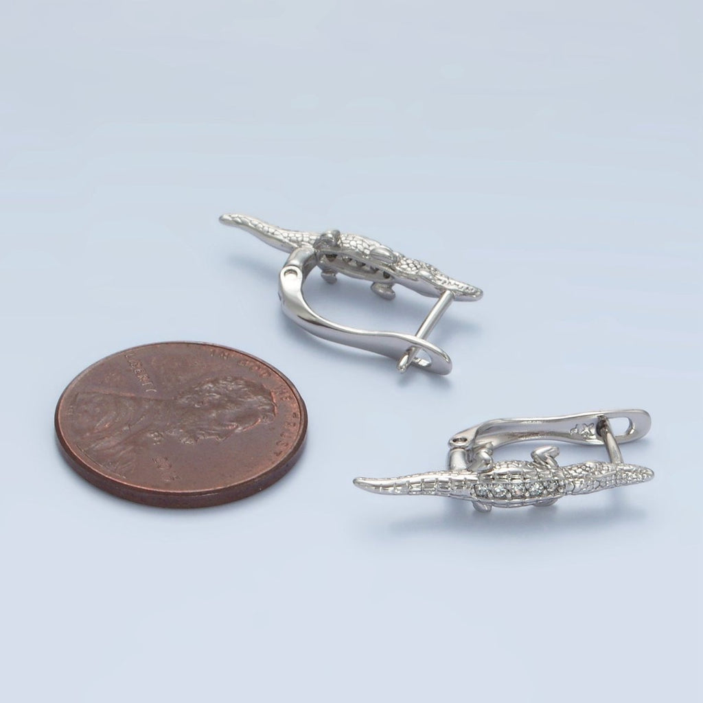 White Gold plated Micro Paved CZ Crocodile Alligator English Lock Earrings | AD669 - DLUXCA