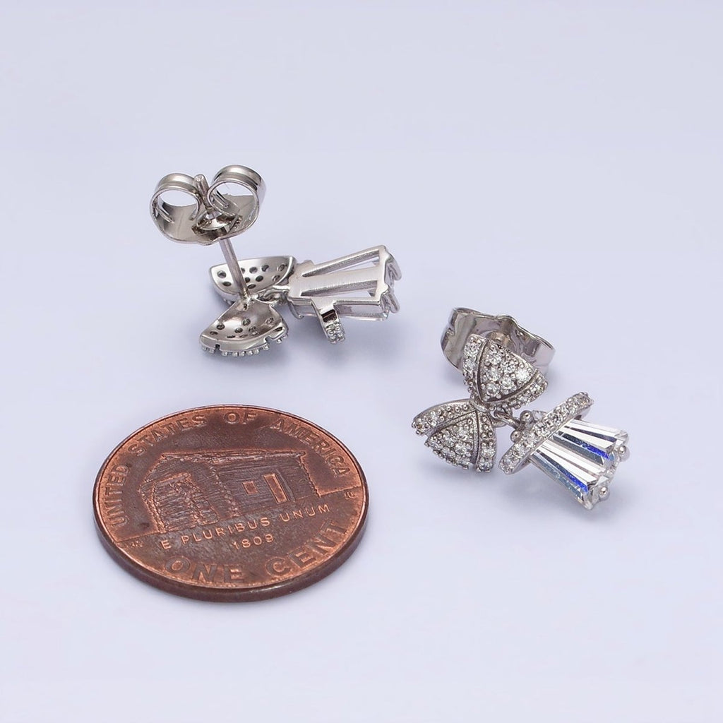 White Gold plated Micro Paved CZ Ribbon Clear Baguette Bell Stud Earrings | AD1454 - DLUXCA