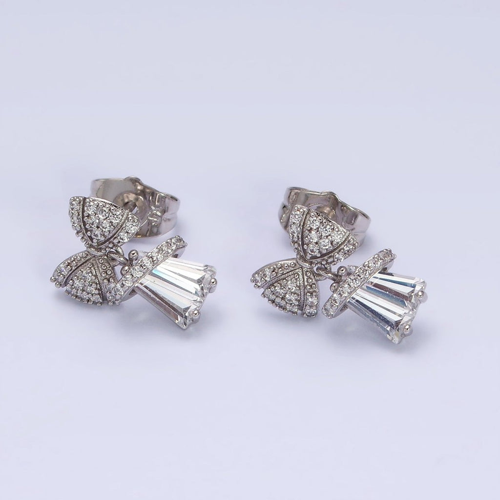 White Gold plated Micro Paved CZ Ribbon Clear Baguette Bell Stud Earrings | AD1454 - DLUXCA