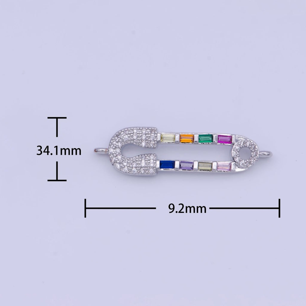 White Gold plated Micro Paved CZ Safety Pin Connector Jewelry Supply in Silver G-561 - DLUXCA