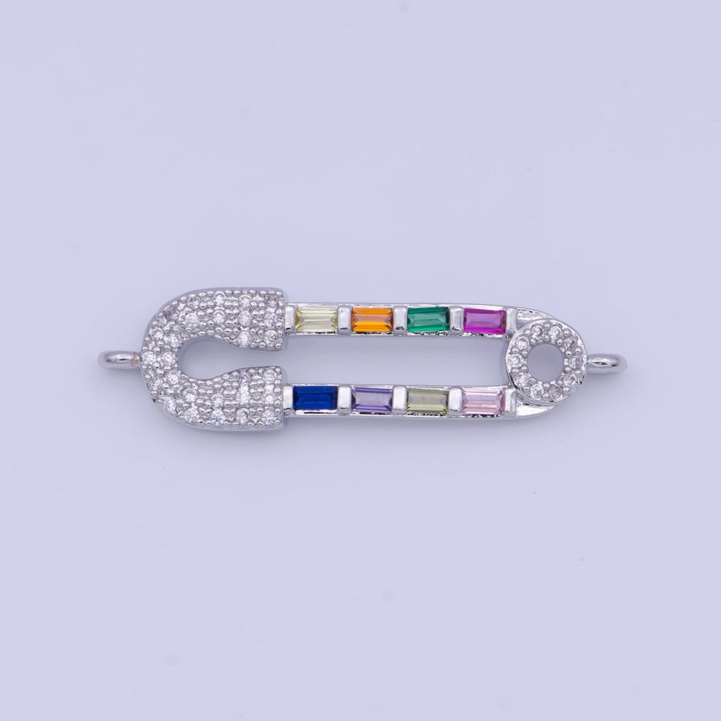White Gold plated Micro Paved CZ Safety Pin Connector Jewelry Supply in Silver G-561 - DLUXCA