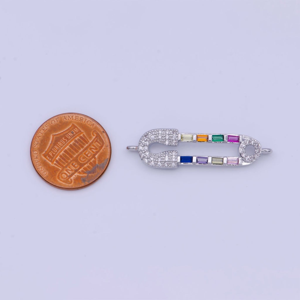White Gold plated Micro Paved CZ Safety Pin Connector Jewelry Supply in Silver G-561 - DLUXCA