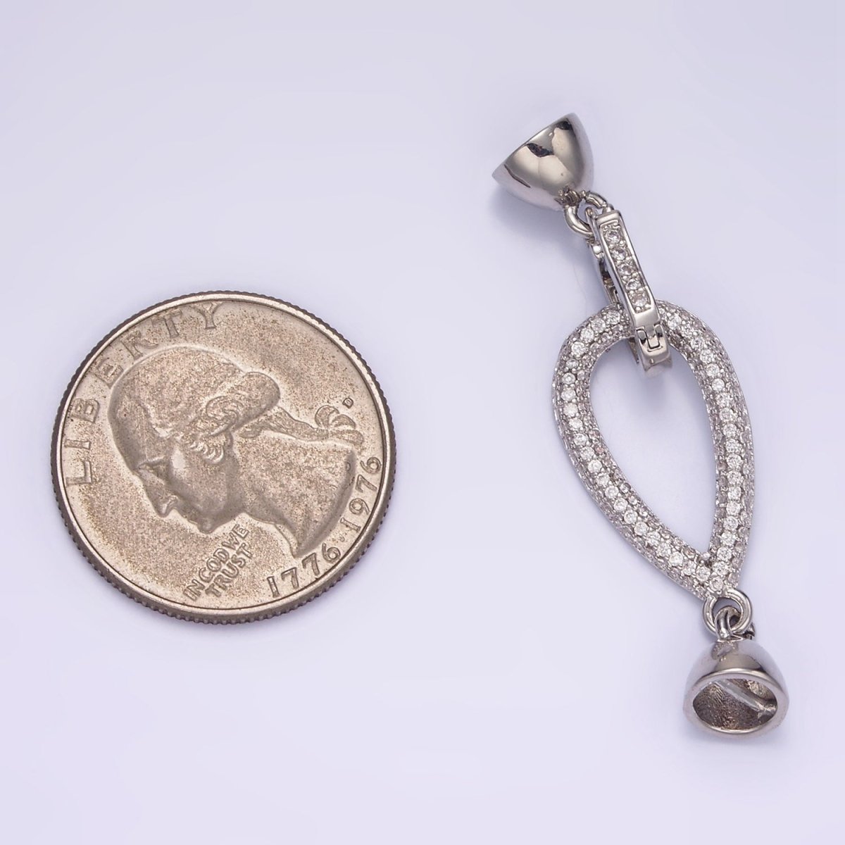 White Gold plated Micro Paved CZ Teardrop Latch Cord Closure Findings | Z817 - DLUXCA