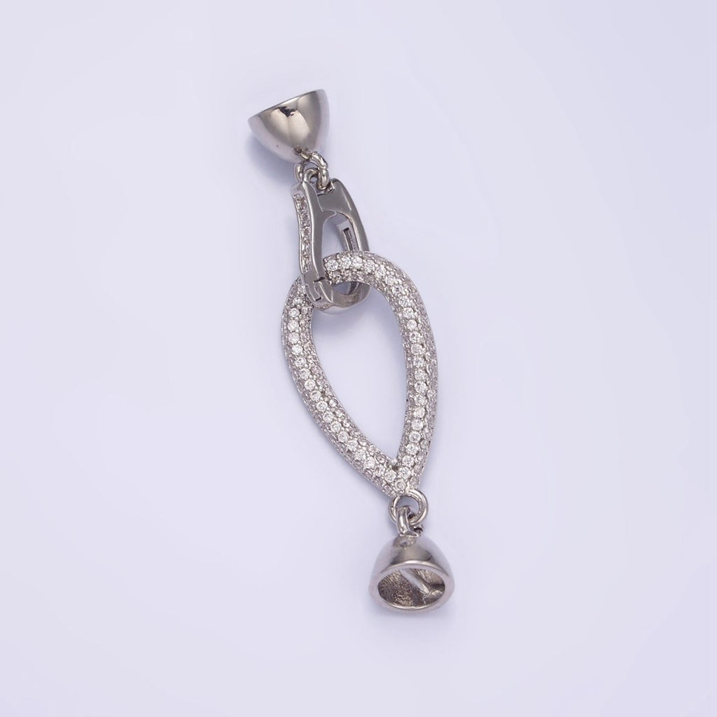 White Gold plated Micro Paved CZ Teardrop Latch Cord Closure Findings | Z817 - DLUXCA