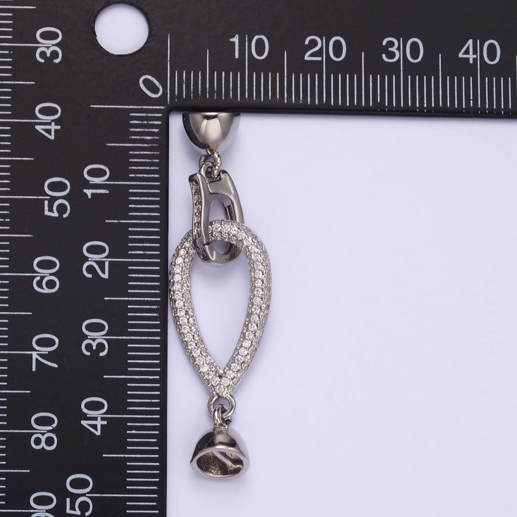 White Gold plated Micro Paved CZ Teardrop Latch Cord Closure Findings | Z817 - DLUXCA