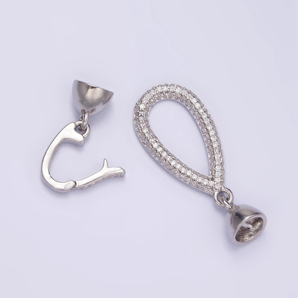 White Gold plated Micro Paved CZ Teardrop Latch Cord Closure Findings | Z817 - DLUXCA