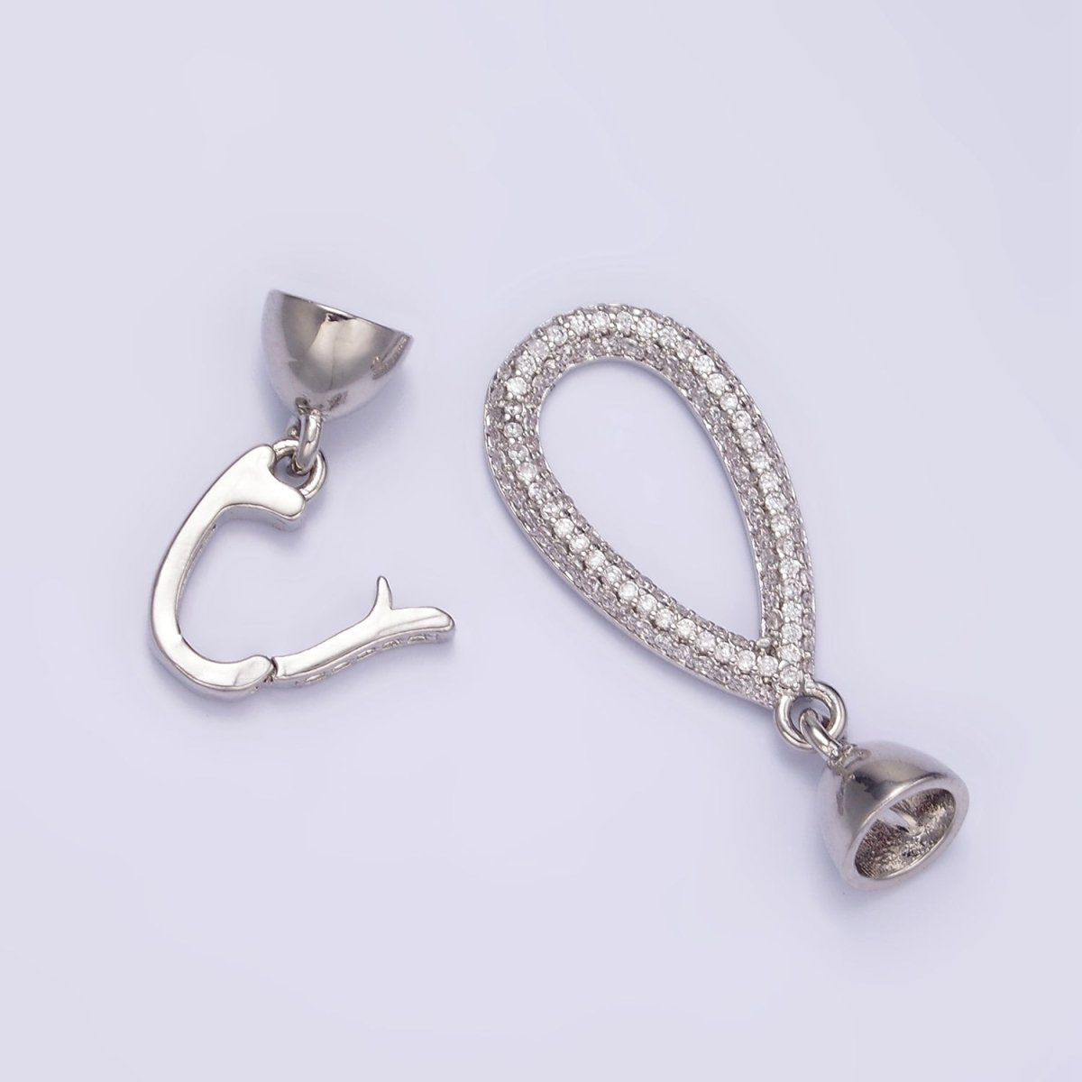 White Gold plated Micro Paved CZ Teardrop Latch Cord Closure Findings | Z817 - DLUXCA
