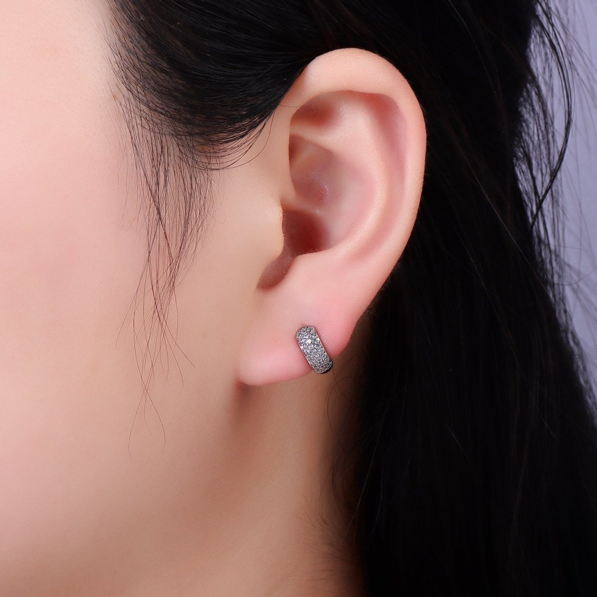 White Gold plated Micro Paved CZ Wide Cartilage Huggie Earrings | AE527 - DLUXCA