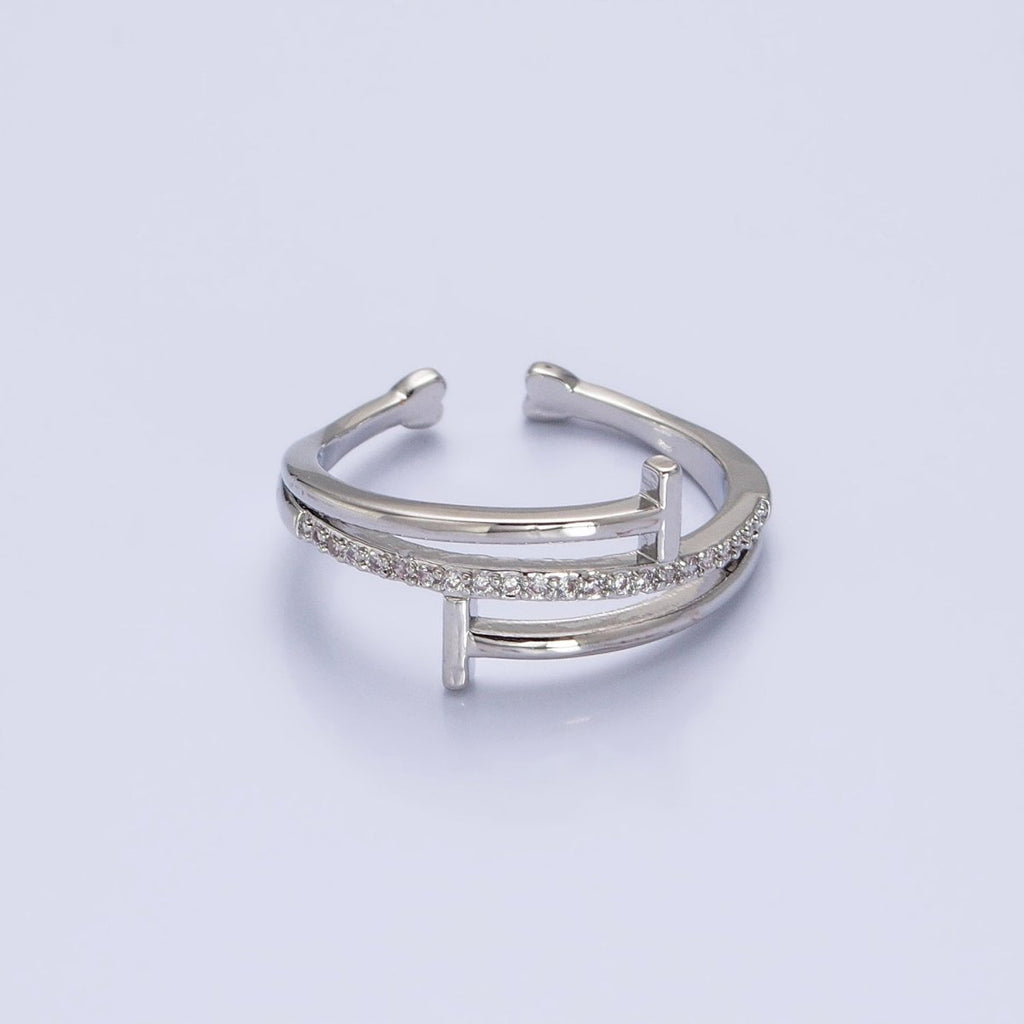 White Gold plated Micro Paved Geometric Double T-Nail Heart End Adjustable Silver Ring | O-002 - DLUXCA