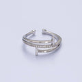 White Gold plated Micro Paved Geometric Double T-Nail Heart End Adjustable Silver Ring | O-002 - DLUXCA