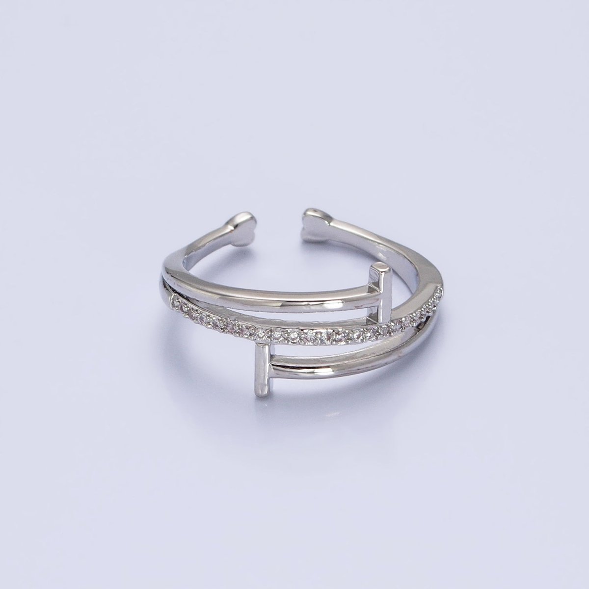 White Gold plated Micro Paved Geometric Double T-Nail Heart End Adjustable Silver Ring | O-002 - DLUXCA