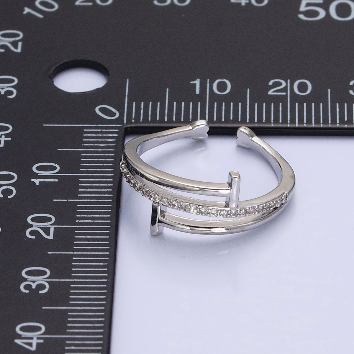 White Gold plated Micro Paved Geometric Double T-Nail Heart End Adjustable Silver Ring | O-002 - DLUXCA