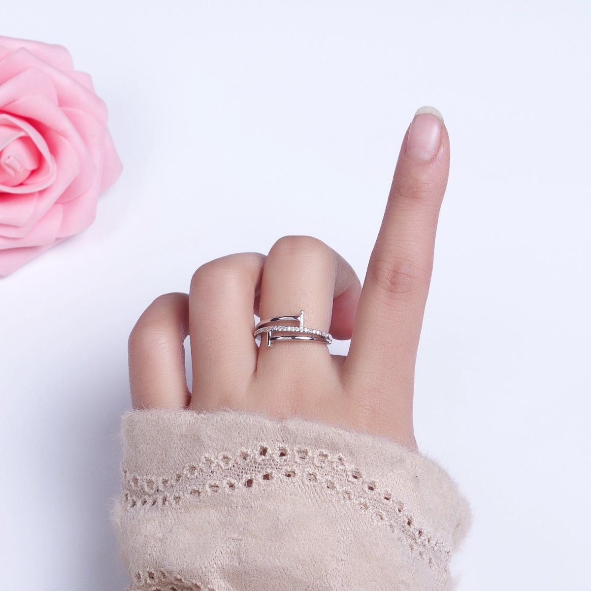 White Gold plated Micro Paved Geometric Double T-Nail Heart End Adjustable Silver Ring | O-002 - DLUXCA