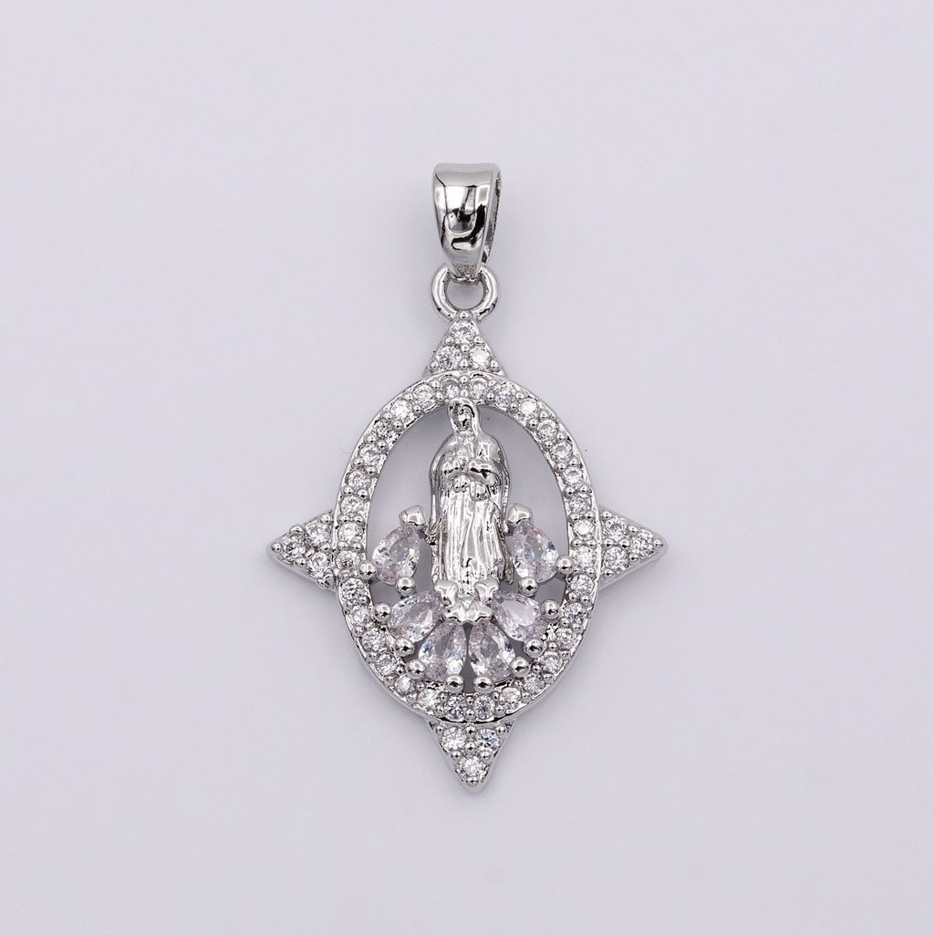 White Gold plated Mother Virgin Mary Open Clear Teardrop Micro Paved CZ Spiked Oval Pendant | AA434 - DLUXCA