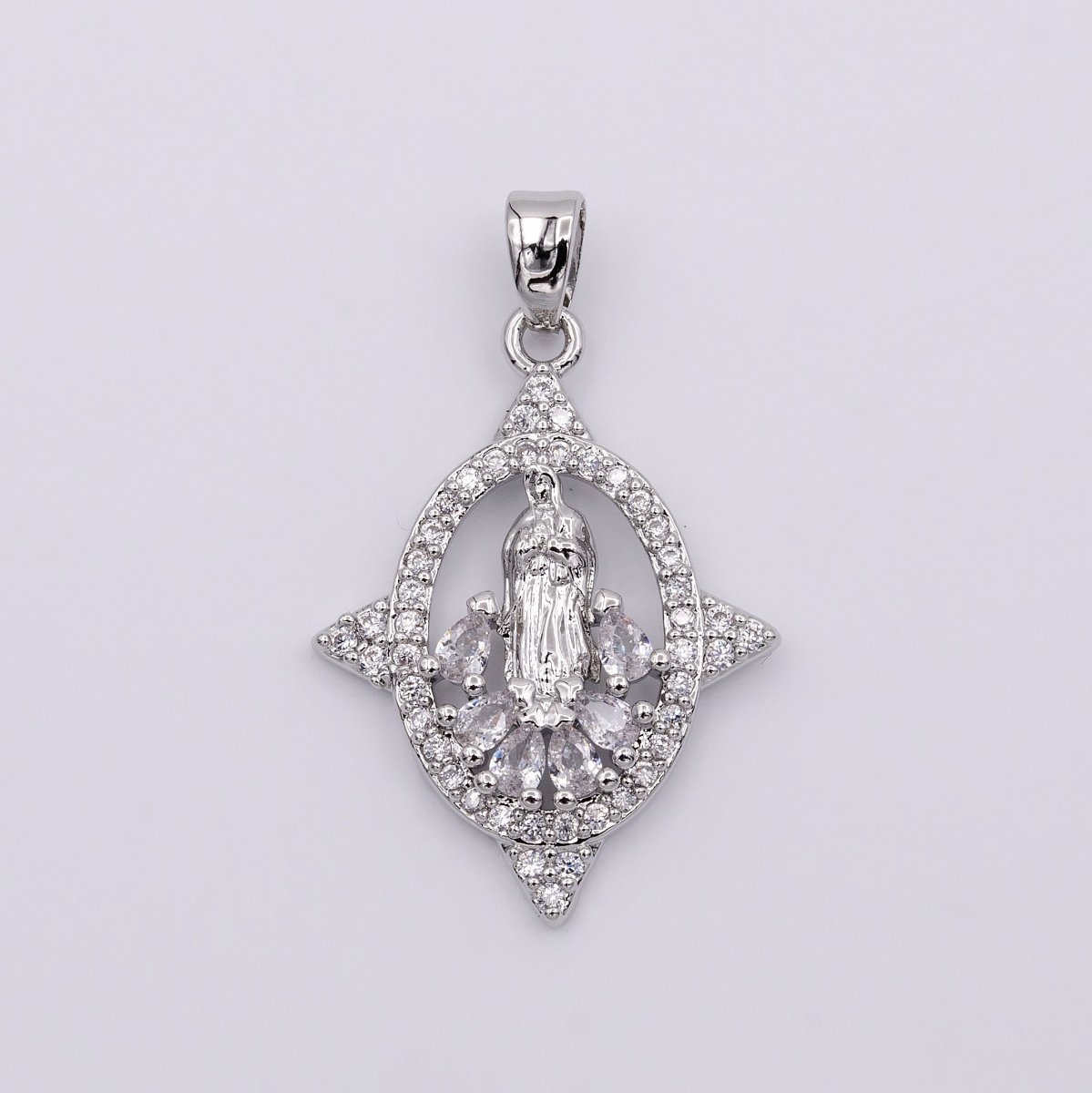 White Gold plated Mother Virgin Mary Open Clear Teardrop Micro Paved CZ Spiked Oval Pendant | AA434 - DLUXCA