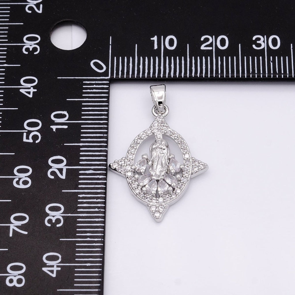 White Gold plated Mother Virgin Mary Open Clear Teardrop Micro Paved CZ Spiked Oval Pendant | AA434 - DLUXCA