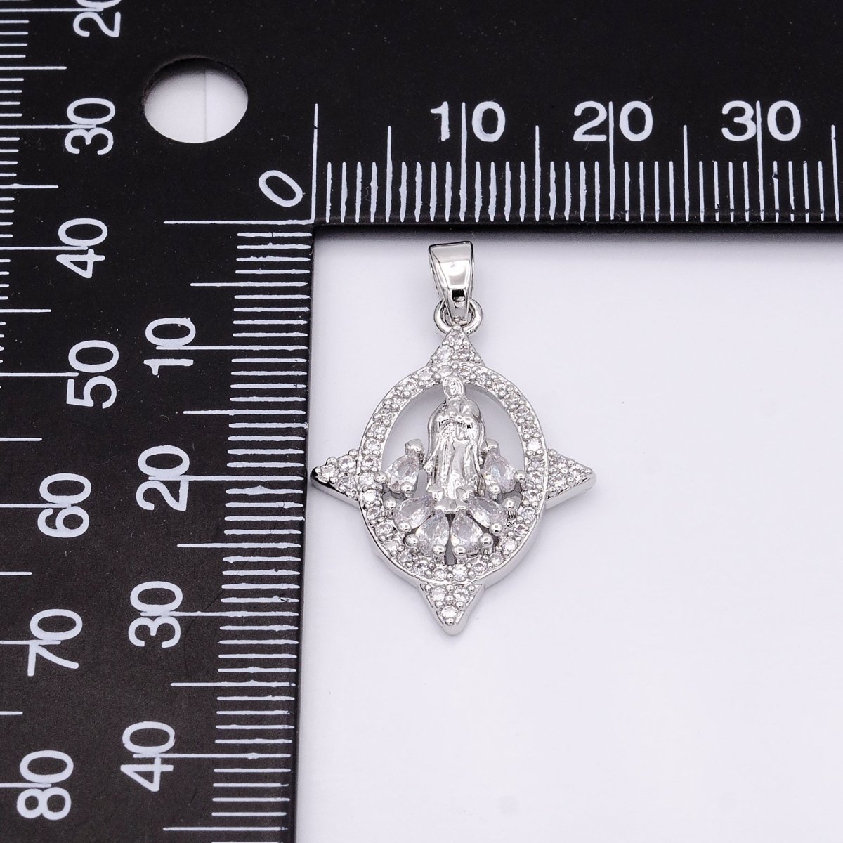 White Gold plated Mother Virgin Mary Open Clear Teardrop Micro Paved CZ Spiked Oval Pendant | AA434 - DLUXCA