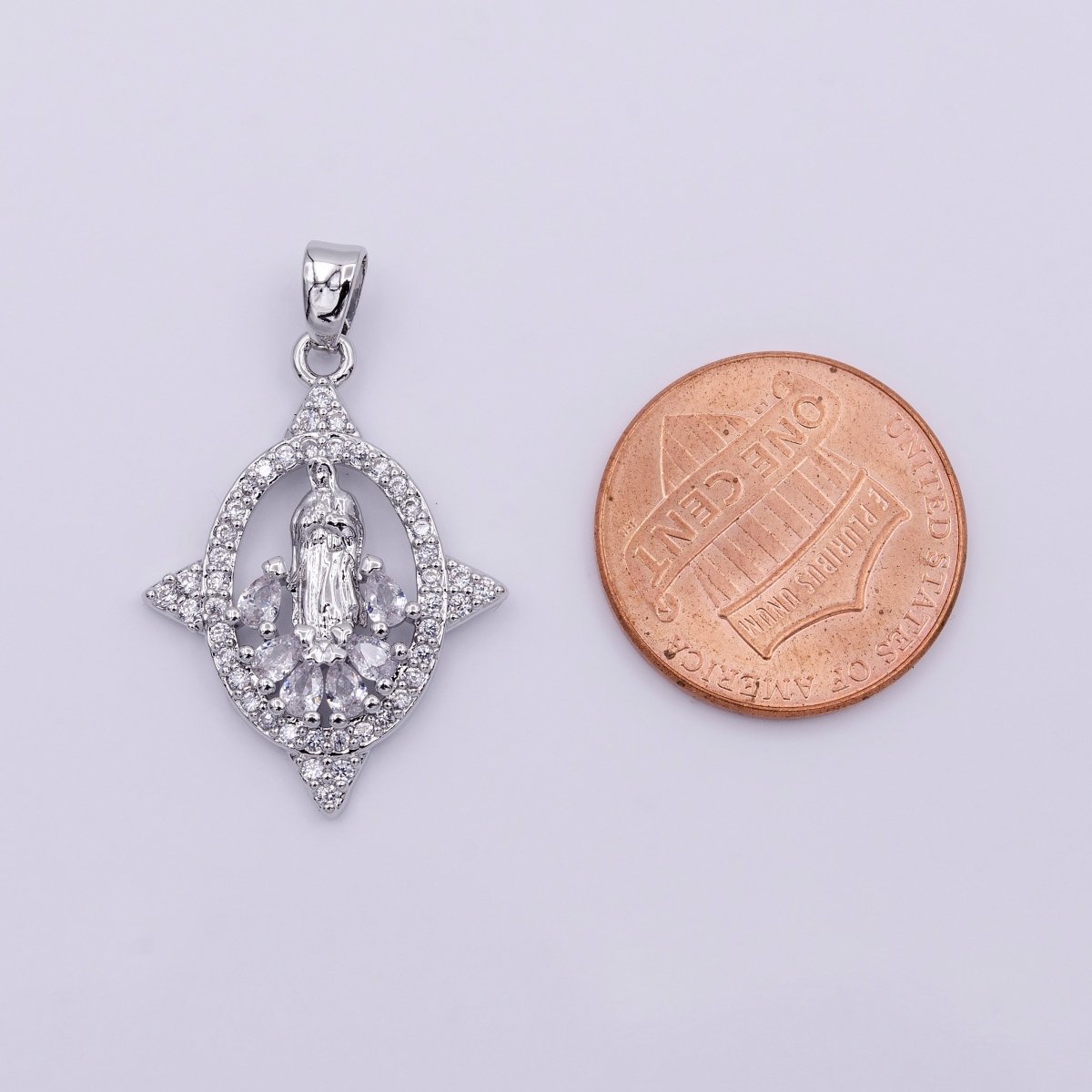 White Gold plated Mother Virgin Mary Open Clear Teardrop Micro Paved CZ Spiked Oval Pendant | AA434 - DLUXCA