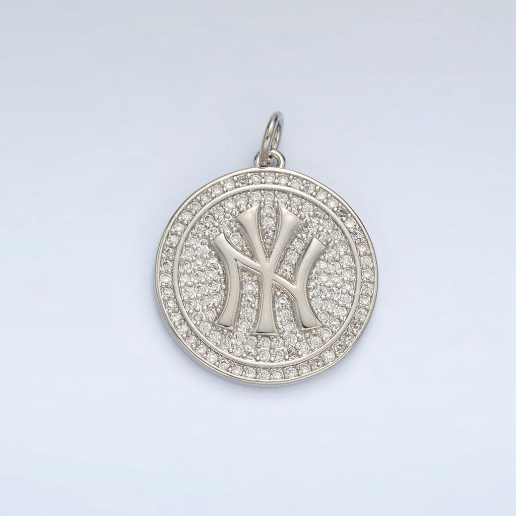White Gold plated New York Script Micro Paved CZ Round Charm | AG867 - DLUXCA