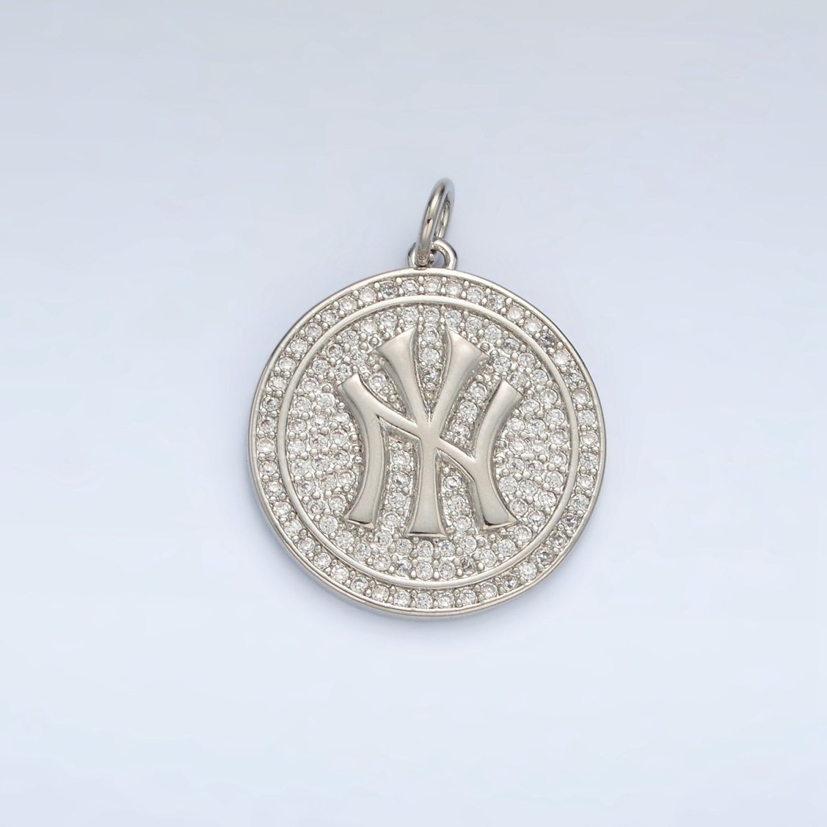 White Gold plated New York Script Micro Paved CZ Round Charm | AG867 - DLUXCA