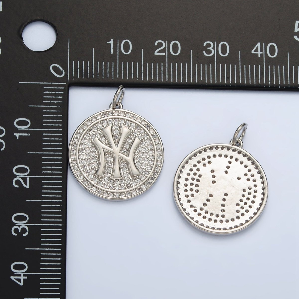 White Gold plated New York Script Micro Paved CZ Round Charm | AG867 - DLUXCA